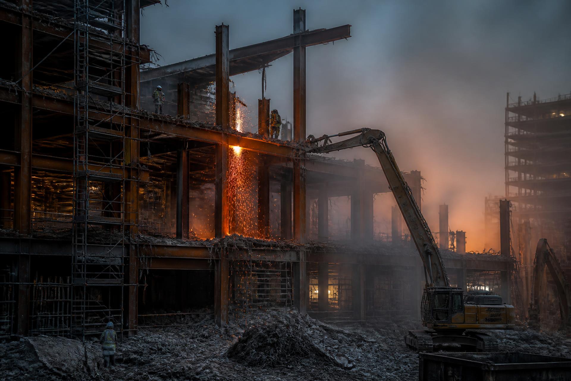 Structural demolition site with exposed steel I-beams and high-reach excavator